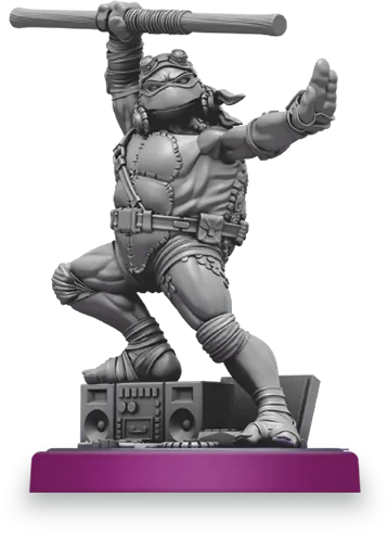 A detailed miniature of a Teenage Mutant Ninja Turtle, specifically Raphael, is depicted in a dynamic pose, wielding a weapon above his head. He is dressed in his signature bandana and gear, showcasing muscular features and a confident stance. The figure stands on a purple base, with a boombox at his feet, emphasizing his vibrant personality and connection to the classic cartoon series.