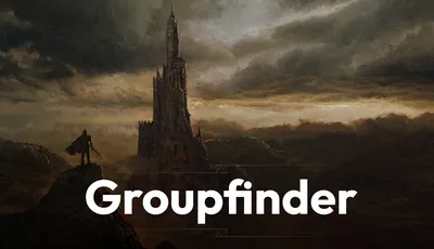 A dark, atmospheric landscape features a towering, gothic castle with intricate spires and a foreboding presence, set against a backdrop of ominous clouds and distant hills. The color palette is dominated by muted grays and browns, enhancing the sense of mystery and adventure. The word "Groupfinder" is prominently displayed in bold, white text at the bottom, suggesting a connection to the theme of exploration and discovery in tabletop role-playing games.