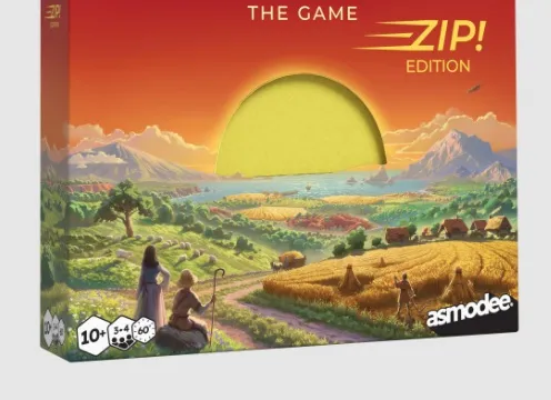 The box for "Catan Zip!" features a vibrant sunset over a pastoral landscape, with rolling hills, fields, and distant mountains. The title "Catan" is prominently displayed at the top in bold yellow letters, with "ZIP! EDITION" beneath it. In the foreground, two characters are depicted, one holding a staff, suggesting a sense of adventure and exploration.