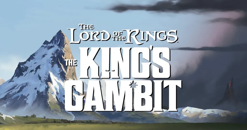 The image features the title "The Lord of the Rings: The King's Gambit" prominently displayed against a backdrop of a majestic mountain landscape. The mountain, with its snow-capped peak, is set against a clear blue sky, creating a sense of adventure and grandeur. The title is styled in bold, white letters, emphasizing the epic nature of the game.