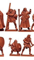 A collection of eight fantasy miniatures is displayed, sculpted in a reddish-brown material. The figures include a male wizard with a staff, a male cleric, a male fighter, a male half-elf thief, a male elf ranger, a male halfling thief, and a male human henchman, all depicted in dynamic poses. Each miniature is designed to be 28mm in scale, showcasing a variety of armor and weapons, suitable for a typical fantasy RPG party.