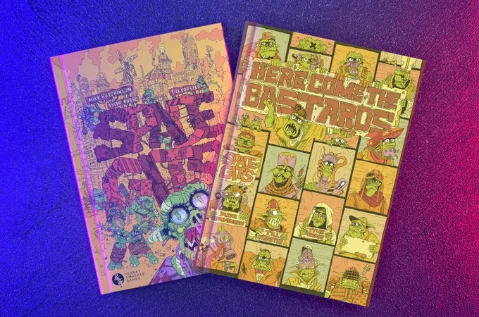 Two hardcover books are displayed against a gradient background of purple and blue. On the left, the book titled "Space Gits" features a colorful, chaotic illustration of space orcs amidst a whimsical landscape, with bold, stylized text. On the right, "Here Come The Bastards" showcases a vibrant cover filled with various orc characters in a comic strip style, prominently featuring the title in large, eye-catching letters. Both books reflect the playful and irreverent theme of the game.