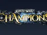 The image features the logo for "Kings of War: Champions," prominently displayed in a bold, stylized font. The word "Champions" is highlighted in a bright yellow color, contrasting against a dark, rocky background that adds a sense of depth and texture. The logo includes the trademark symbol for "Kings of War," indicating its connection to the established game series.