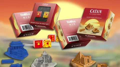 Catan game boxes, dice, and miniatures in Egypt, China, Greece, Germany styles.