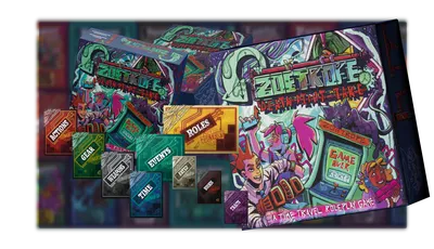 An image featuring the game box for ZOETROPE, as well as the variety of multi-colored cardbacks for all the types of cards present in the game.