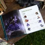 Open book on grass, left page shows purple-robed figure with glowing orb, right page has "CHAPTER ONE: CHARACTER OPTIONS" and class listings.