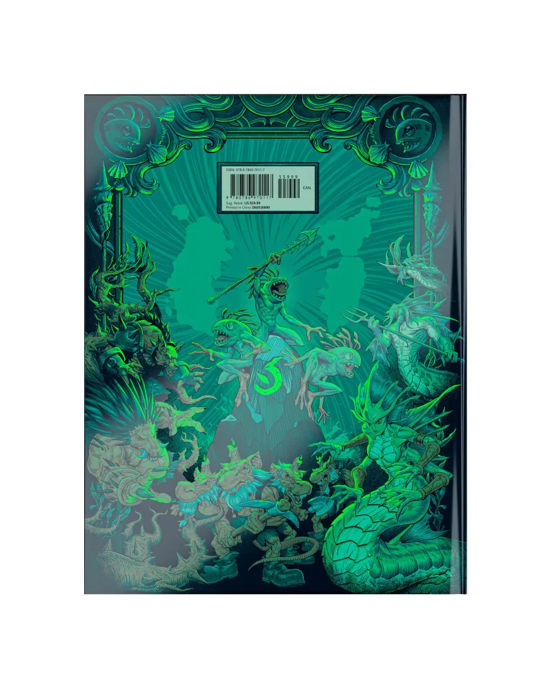 Green book cover with fantasy creatures, ornate designs, and a barcode label.