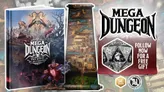A visually striking cover of a book titled "Mega Dungeon: The Mines of Silverdeep" features a dramatic illustration with various fantasy characters, including a menacing figure and a regal-looking character in the foreground. Beside the book, a detailed scroll map showcases intricate dungeon layouts, while a large, stylized die is positioned in the corner, indicating its relevance to tabletop gaming. The overall composition emphasizes the adventurous and immersive nature of the gaming experience.