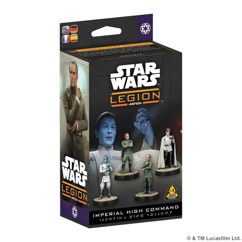 A box for the "Imperial High Command" expansion for Star Wars: Legion features artwork of several Imperial officers, including a blue-skinned character, likely Grand Admiral Thrawn, and other commanders in military attire. The box design includes the Star Wars logo prominently at the top, with the title "IMPERIAL HIGH COMMAND" displayed below. The background showcases a dark, futuristic setting, emphasizing the military theme of the expansion.