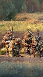 A group of six British army miniatures is depicted in a natural setting, with a backdrop of greenery and a hint of rain. The soldiers are dressed in modern camouflage uniforms and equipped with various weapons, including rifles and gear typical of contemporary military operations. They are positioned in a tactical formation, some seated and others standing, showcasing a range of unique sculpts that highlight their individual poses and details.