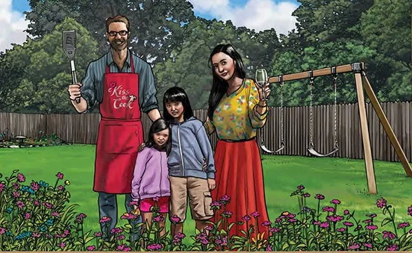 A man wearing glasses and a red apron with the text "Kiss the Cook" stands on the left, with his arm around a young girl in a pink jacket and red shorts. Next to her is another young girl in a light blue hoodie and beige shorts. On the right, a woman in a yellow floral top and red skirt holds a wine glass. They are standing in a garden with green grass, pink flowers, and a wooden swing set in the background. Trees and a clear blue sky are visible behind them.