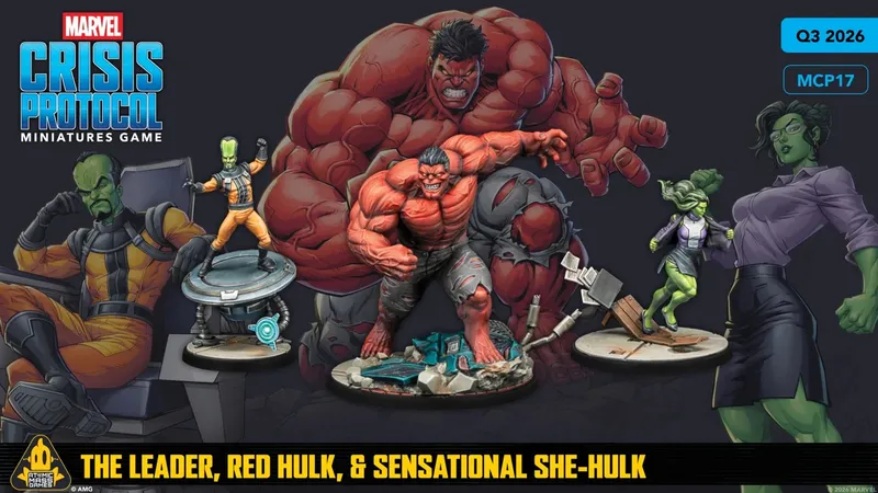 A dynamic illustration showcases two versions of She-Hulk alongside a large, muscular character resembling the Hulk, depicted in a vibrant red hue. The red Hulk is shown in an aggressive pose, while the green She-Hulk stands confidently in a business outfit, complete with glasses. The scene includes debris and a broken chair on the ground, emphasizing the action-packed theme of the Marvel: Crisis Protocol Miniatures Game. The text "SENSATIONAL SHE-HULK" is prominently displayed at the bottom.