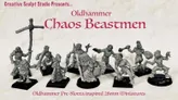 A collection of ten hand-sculpted beastmen miniatures, cast in white metal, is displayed against a plain background. Each figure showcases a variety of bizarre mutations, including hooves, tentacles, and horns, while wielding different weapons and wearing minimal armor. The miniatures are presented on square bases, with some figures holding staffs or shields, reflecting a blend of originality and homage to classic Citadel designs.
