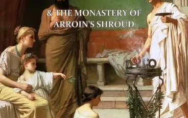 Five figures in classical attire: a man in brown robes standing, a woman in white holding a bowl, a seated woman with a child on her lap, a kneeling woman, and a seated child. Background shows a room with draped furniture, a bed, and a greenish wall.