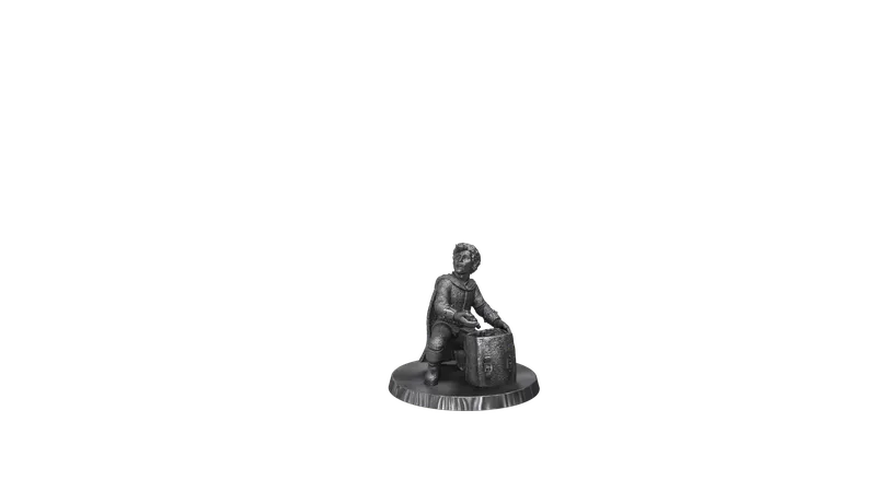 A seated figure holding a suitcase on a round base.