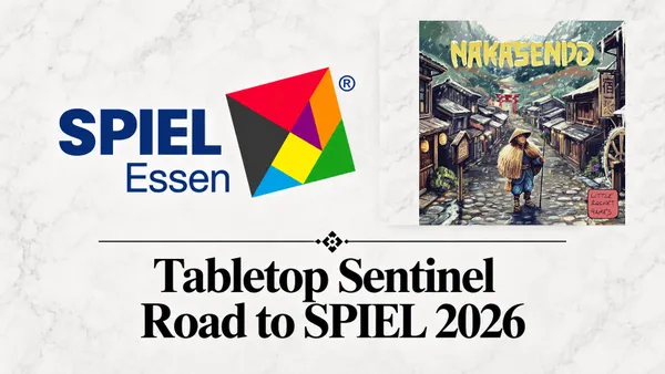 A colorful geometric logo with the text "SPIEL Essen" in blue. Beside it, a game box cover titled "Nakasendo" showing a person in traditional clothing walking down a narrow street with wooden buildings, lanterns, and a torii gate in the background.