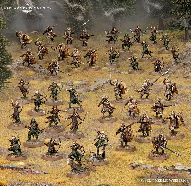 Miniature warriors in armor and cloaks on round bases, posed with swords, bows, and spears in a grassy forest setting.