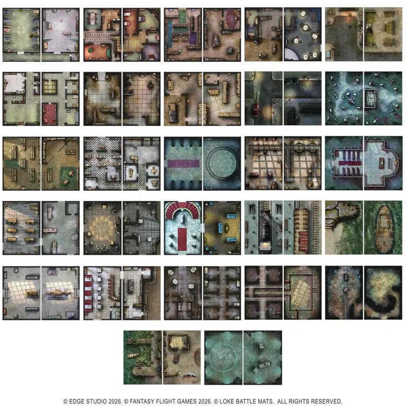 Grid of 50 top-down fantasy battle maps with various interiors, streets, and outdoor scenes.