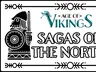 A stylized illustration features a Viking warrior wearing a helmet and holding a round shield, depicted in black against a white background. Above the warrior, the title "AGE OF VIKINGS" is displayed in a bold, turquoise font, while below, the words "SAGAS OF THE NORTH" are presented in a playful, black typeface. Decorative elements, including arrows and patterns, frame the image, enhancing its thematic connection to Viking culture.