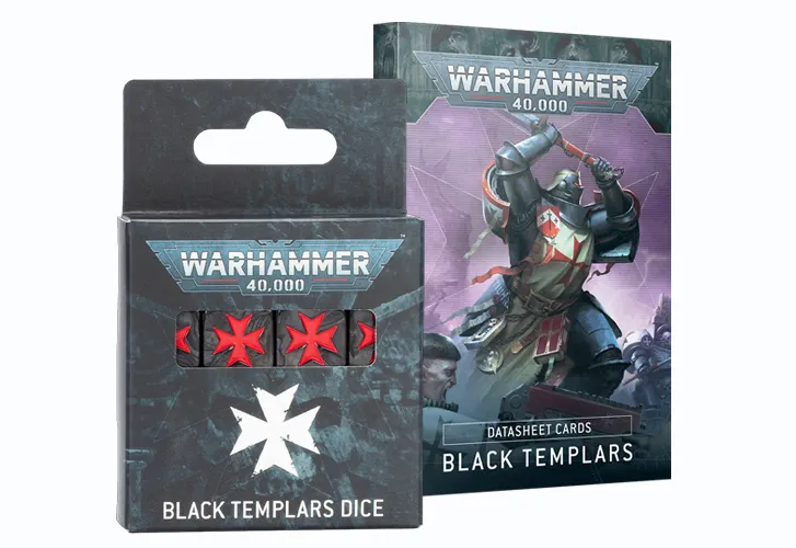 A set of Black Templars-themed dice and datasheet cards is displayed prominently. The dice are black with red symbols, featuring a star design, while the datasheet cards are packaged in a box that showcases a Black Templar warrior in armor, wielding a weapon. The background of the card features a dramatic illustration of other Black Templar figures, emphasizing the theme of the Warhammer 40,000 universe.