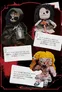 Three dolls on a dark, blood-splattered background. Left: a hooded figure labeled "13 Omens' Manifestation of Death and Evil," holding a lantern. Right: a doll with unzipped front revealing intestines. Bottom: a blonde doll with red eyes.