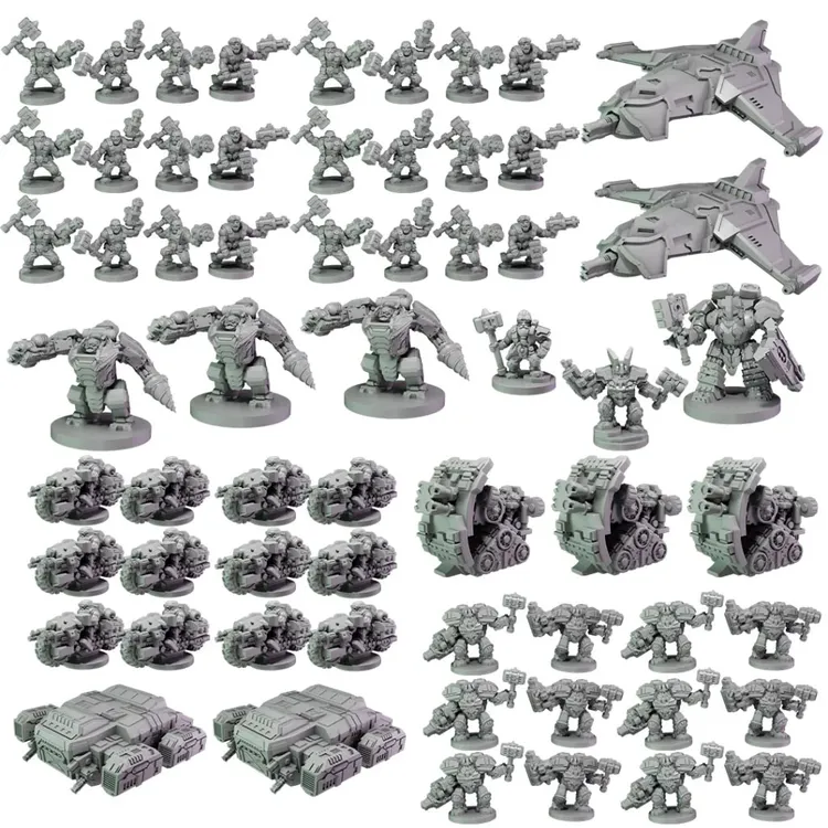 A collection of unpainted, gray plastic miniatures for the Epic Warpath game is displayed, showcasing a variety of sci-fi figures and vehicles. The scene includes multiple infantry models, some wielding weapons, alongside larger armored figures and two sleek aircraft. Additionally, several vehicle models are arranged at the bottom, emphasizing the game's focus on expansive, 10mm-scale wargaming.
