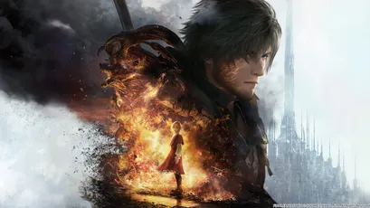 The cover art fo FF XVI showing Clive as the large character in the background and his brother, Joshua in the centre highlighted by fire behind him