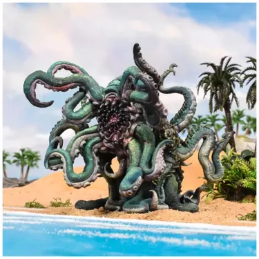 A large, menacing Kraken stands on a sandy beach, its numerous tentacles curling and twisting around its body. The creature features a dark, textured skin with shades of green and blue, and a central maw filled with sharp teeth, giving it a fearsome appearance. In the background, palm trees and a clear blue sky enhance the tropical setting, while the ocean waves lap at the shore.