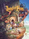 A colorful and whimsical illustration features a group of adventurers in a fantastical landscape, prominently displayed on the cover of the "Land of Eem Core Rulebook." In the foreground, a frog-like character holds a glowing orb, while a diverse group of heroes, including a warrior with a sword and a bard with a lute, gather near a cave entrance adorned with intricate carvings. In the background, a large dragon perches on a rocky outcrop, overlooking a vibrant valley filled with mountains and lush greenery.