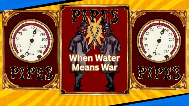 The image features the title "Pipes" prominently displayed in bold letters, flanked by two vintage-style illustrations of men in top hats and long coats, each holding a pipe. The background is a vibrant yellow with radiating lines, enhancing the dynamic feel of the design. Below the title, the phrase "When Water Means War" is centered, adding a thematic touch to the overall artwork. On either side, there are circular gauges labeled "WATER," suggesting a connection to the game's plumbing theme.