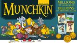 A colorful illustration features a group of whimsical characters from the game "Munchkin." In the foreground, a boy in a horned helmet wields a chainsaw labeled "ORC-B-GONE," while a girl in a yellow dress and a character resembling a bear hold various weapons. Behind them, a pile of gold coins and treasure glimmers, with additional characters and weapons scattered throughout the scene, all set against a dark background with the title "MUNCHKIN" prominently displayed at the top.