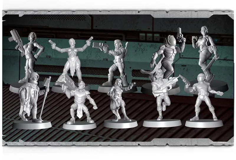 Eight detailed miniatures are displayed, representing various characters from the Traveller tabletop roleplaying game. The figures include a mix of humanoid characters, some wielding futuristic weapons, and others in distinctive outfits, showcasing a range of sci-fi themes. The background features a textured surface that suggests a metallic or industrial environment, enhancing the sci-fi aesthetic of the scene.