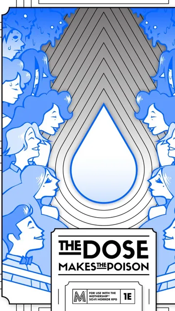 A stylized illustration with a repeating pattern of blue and white silhouettes of people with voluminous hair, arranged in a circular formation. In the center, there is a large, outlined teardrop shape. Below the teardrop, the text "THE DOSE" is visible, followed by "MAKES THE" in smaller font. The background features geometric, art deco-inspired patterns.