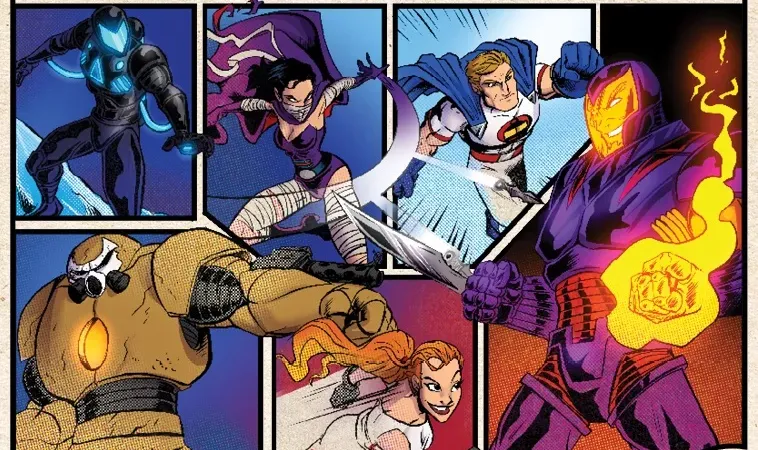 A colorful comic-style illustration features a group of six characters from the game "Sentinels of the Multiverse." The characters are depicted in dynamic poses, showcasing a mix of heroes and villains, with vibrant colors highlighting their unique costumes and powers. The title "SENTINELS of the Multiverse" is prominently displayed at the top, along with the subtitle "THE CLASSIC COMIC BOOK CARD GAME," emphasizing the game's comic book roots.