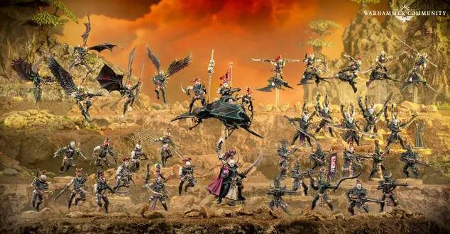 A dynamic display of Drukhari miniatures showcases a variety of figures, including the prominent Archon Lady Malys in the foreground, wielding a barbed longsword. Surrounding her are several lethal lieutenants and warriors, each adorned with intricate armor and weapons, set against a dramatic backdrop of rocky terrain and a fiery sky. The scene captures the essence of the Drukhari's dark and menacing aesthetic, highlighting their agility and deadly prowess in battle.
