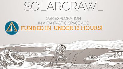The image features a stylized illustration for the Solarcrawl RPG, showcasing a barren, alien landscape with rocky terrain and unusual, organic structures resembling large, spiraled shells. In the foreground, three astronauts in space suits are depicted near a spacecraft that has landed on the surface, while a large, mechanical structure looms in the background. The title "SOLARCRAWL" is prominently displayed at the top, accompanied by the text "OSR Exploration in a Fantastic Space Age" and a note indicating it was "FUNDED IN UNDER 12 HOURS!" in bold orange lettering. A blue emblem with a triangular symbol is also present, adding to the sci-fi theme.