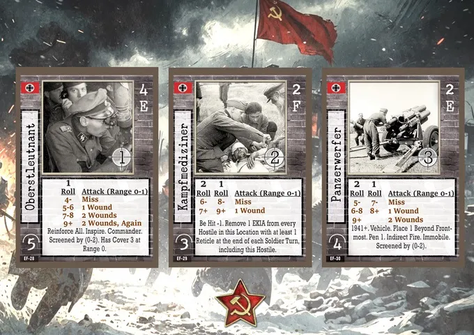 Three cards from the Warfighter WWII Eastern Front card game. The top left card is labeled "4 E" with a black-and-white image of a German soldier aiming a rifle. The middle card is labeled "Kampfmediziner" with a black-and-white image of a medic attending to a wounded soldier. The top right card is labeled "2 F" with a black-and-white image of soldiers in combat. Below the images, each card contains text describing actions, rolls, and effects. In the background, a red flag with a hammer and sickle emblem is visible, along with a red star with the same emblem. The backdrop appears to be a snowy, war-torn landscape.
