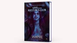 A sourcebook titled "Live from the Succubus Club" for Vampire: the Masquerade is prominently displayed, featuring a vampiric rockstar with striking tattoos and a dramatic expression. The cover is dark and moody, with the title in bold white text at the top and the game title "Vampire: the Masquerade" at the bottom. The overall aesthetic reflects a blend of gothic and rock elements, suitable for the theme of vampiric entertainers.