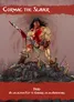The image features a muscular barbarian character named Cormac the Slayer, standing triumphantly over a pile of defeated foes. He wields a large, bloodied sword, and his body is splattered with red, suggesting a recent battle. Cormac has long, dark hair and a fierce expression, embodying a classic fantasy warrior aesthetic. The background is a muted gradient, enhancing the focus on the character, while the title "Cormac the Slayer" is prominently displayed at the top in bold, stylized lettering. The overall artwork pays homage to the golden age of fantasy illustration, capturing a sense of violence and heroism.