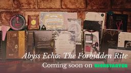 A collection of various themed props and materials is displayed on a dark surface, showcasing the upcoming Kickstarter project "Abyss Echo: The Forbidden Rite." The assortment includes intricately designed books, sealed letters, and occult artifacts, all contributing to a mysterious atmosphere. The text "Abyss Echo: The Forbidden Rite" and "Coming soon on KICKSTARTER" is prominently featured, inviting players to engage in a chilling Cthulhu Mythos adventure.