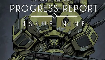 Green armored mech with red accents, holding a large gun labeled "DN". Text above: "PROGRESS REPORT ISSUE NINE".
