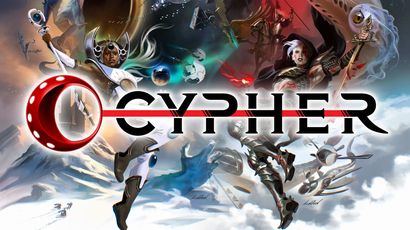 A dynamic and colorful illustration showcases various characters and scenes from the Cypher RPG universe, blending elements of fantasy, sci-fi, and adventure. Prominent figures include a warrior with a sword, a character with flowing hair and intricate armor, and a dragon-like creature, all set against a backdrop of swirling colors and celestial bodies. The word "CYPHER" is boldly displayed across the center, highlighted by a striking red line.