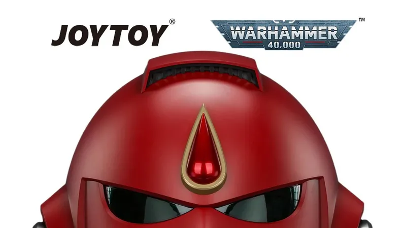 Red Space Marine helmet with gold blood drop icon, "JOYTOY WARHAMMER 40,000" text.