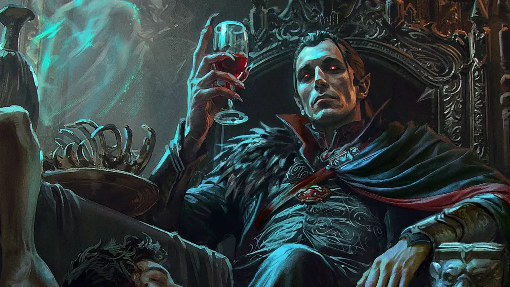 Man in ornate dark armor holding a glass of red wine, seated on a throne.