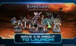 Six miniature figures on a tabletop: a purple Zerg creature with wings and claws, a Terran soldier with a gun, a green Zerg figure, a Terran ghost in white armor, a Protoss warrior with a sword, and a Protoss commander with a staff.