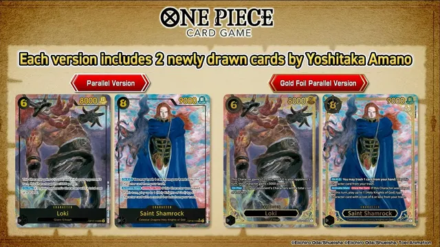 Three One Piece Card Game cards: Saint Shamrock, Loki, Gold Foil Parallel Version.