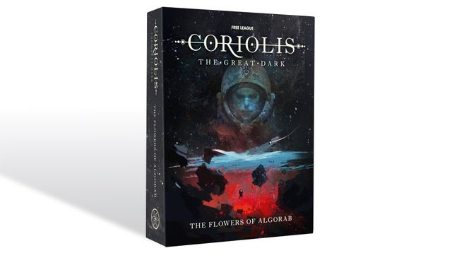 A visually striking book cover for "The Flowers of Algorab," part of the Coriolis: The Great Dark RPG, features a central figure in a space helmet, surrounded by a cosmic backdrop filled with stars and swirling colors. The lower portion of the cover displays a dramatic landscape with dark rocks and a figure standing at the edge, suggesting exploration and adventure. The title and publisher's name are prominently displayed at the top and bottom, enhancing the overall sci-fi aesthetic.