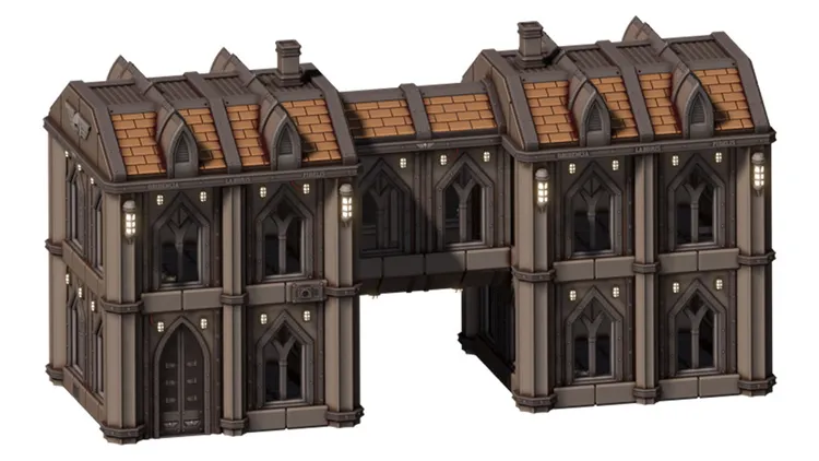 A detailed 3D model of a building designed for tabletop gaming, featuring a gothic architectural style with pointed arches and decorative elements. The structure has a brown tiled roof and is primarily a muted gray color, with illuminated wall sconces and a central archway connecting two sections. The design includes intricate window details and a variety of textures, enhancing its grimdark aesthetic suitable for a sci-fi setting.