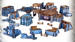 A collection of tabletop gaming terrain pieces in a futuristic style, featuring various structures such as buildings, platforms, and ruins. The pieces are predominantly blue with brown accents, showcasing intricate details and textures. Some structures are elevated, while others are flat, creating a diverse landscape suitable for gaming scenarios.