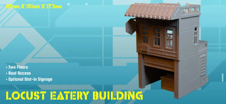 A two-story building designed for tabletop gaming, the Locust Eatery features a detailed exterior with a sloped roof and multiple windows. It includes roof access and optional slot-in signage for added customization. The dimensions of the building are 119mm in height, 151mm in width, and 173mm in depth, set against a blue geometric background.